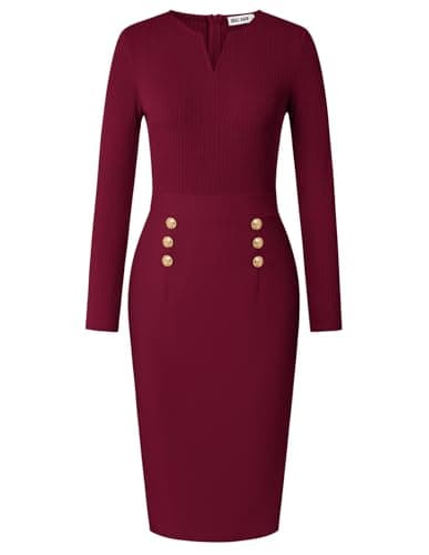 GRACE KARIN Women's 2026 Fall Henly V Neck Business Work Dress Long Sleeve Bodycon Midi Elegant Office Sheath Dress Wine Red XX-Large - Image 1