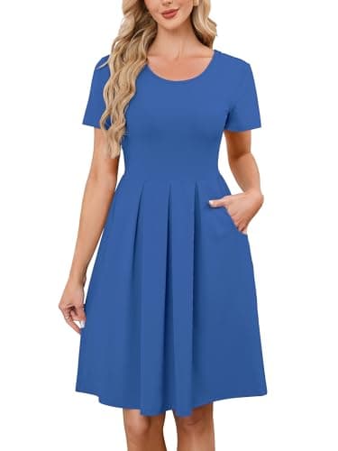 KORSIS Women Dresses Short Sleeve Casual Royal Blue Medium Round Neck A-Line Pleated Dress Flowy Beach Casual Vacation Sundress with Pockets (S-2XL) - Image 1