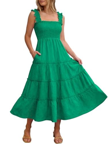 Caracilia Womens Summer Midi Dress Casual Square Neck Sleeveless Eyelet Smocked A Line Tiered 2026 Flowy Dresses with Pockets Green - Image 1