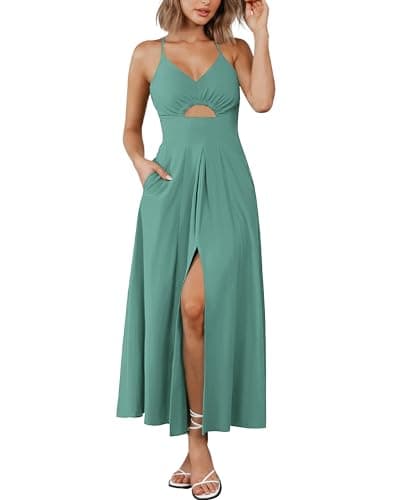 BTFBM Women 2026 Spaghetti Strap Midi Summer Dresses Sleeveless V Neck Cutout Slit Casual Beach Party Maxi Dress Pockets(Grey Green, X-Large) - Image 1