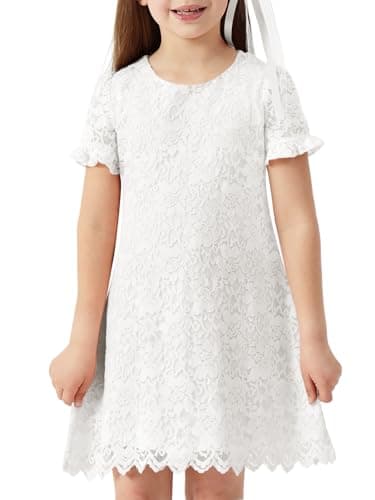 ALLOVIN Girls & Toddlers Graduation Soft Lace A-Line Short Sleeve Birthday Party Flower Girl Dress Wedding Communion | White | 2T