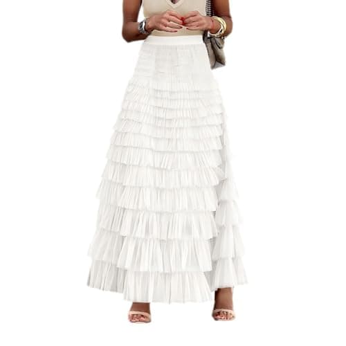 Mincib Womens Long Tulle Skirt A Line Ruffle Tiered Layered Skirts High Waisted Flowy Fairy Maxi Skirts(White,M) - Image 1