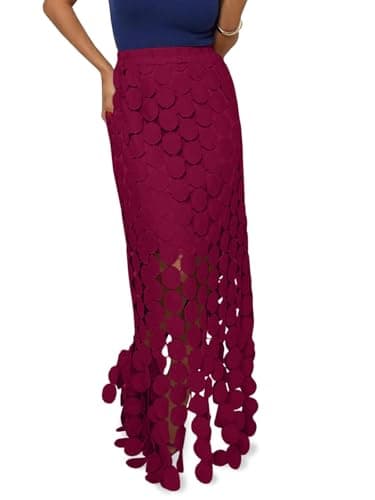 Cicy Bell Womens Hollow Out Maxi Skirts Summer High Waisted Boho Fringe Hem Long Skirt Burgundy - Image 1