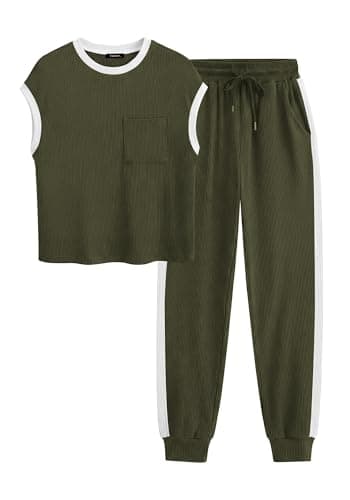 BTFBM Women's Two Piece Tracksuit Outfits Summer Short Sleeve Tops Long Pants Jogger Lounge Matching Sets Sweatsuit(A Army Green,XX-Large) - Image 1