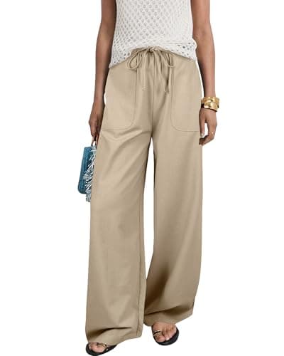 Bsubseach Women Linen Pants Wide Leg Casual Pants Linen Lounge Beach Summer Pants with Pockets Vacation Outfits Khaki S - Image 1