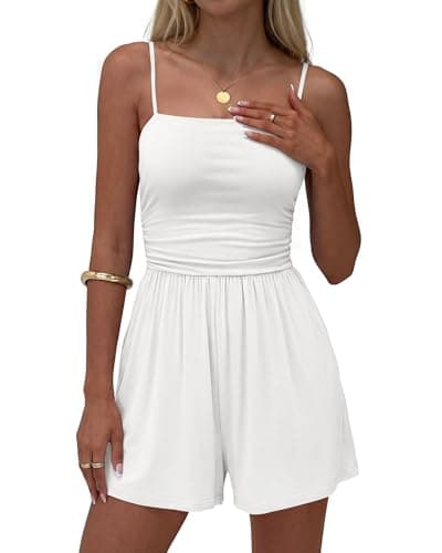 BTFBM Summer Rompers For Women 2026 Casual One Piece Spaghetti Strap Sleeveless Shorts Jumpsuit Beach Vacation Outfits(White, Large) - Image 1