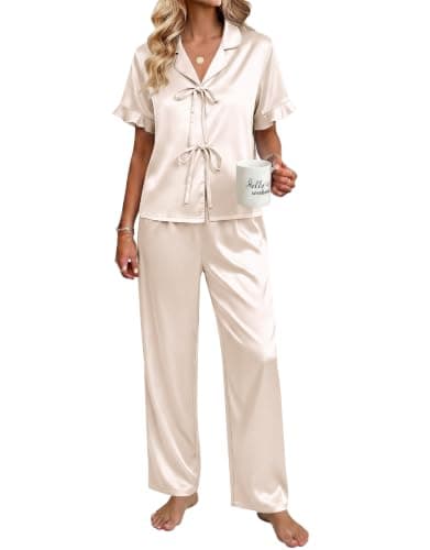 Ekouaer Silk Pajamas for Women 2 Piece Satin Pj Set Ruffle Tie Short Sleeve Sleepwear Comfy Loungewear with Pockets Champagne L - Image 1