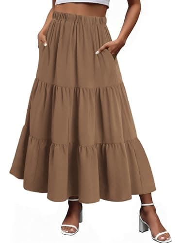 Magritta Casual A-Line Swing Skirt with Tiered Ruffles High Waisted A Line Flowy Long Skirt with Pockets Medium Brown X-Large - Image 1