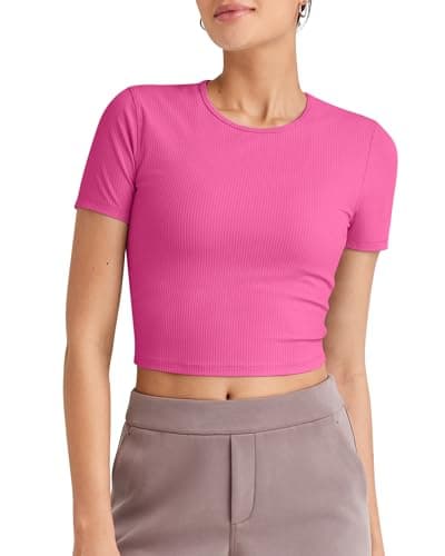 G4Free Basic Tops for Women Ribbed Crewneck Cropped Y2K Tees Athletic Workout Yoga Spring Summer Sweat Wicking Shirts(Hot Pink,XS) - Image 1