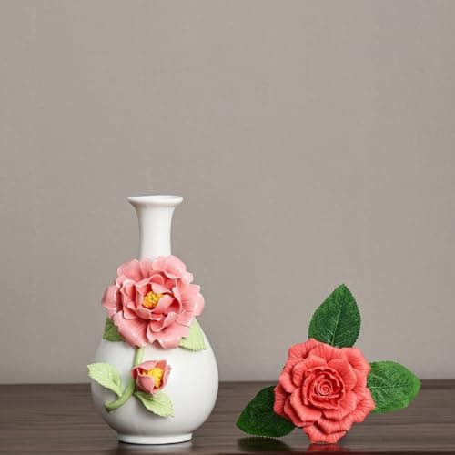Handmade Pinched Flowers Ceramic Vase with One Ceramic Rose Flower, Home Decor Ceramic Vase for Dining Table, Living Room, Kitchen, Bedroom, Shelf, Office, Coffee Table, Restaurant & Fireplace Mantel - Image 1