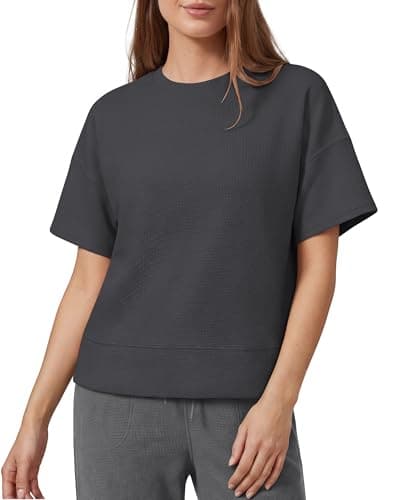 G4Free Womens Soft Waffle Knit Tops Breathable Short Sleeve T-Shirts Wrinkle Resistant Tees Casual Lounge Blouses Trendy (Dark Gray,XL) - Image 1
