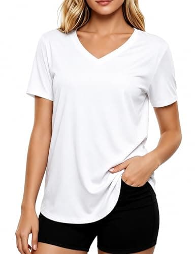 LETSEE Short Sleeve V-Neck Top Women’s Workout Shirt Loose Fit Stretch T-Shirt Casual Tee for Daily Wear and Travel White - Image 1