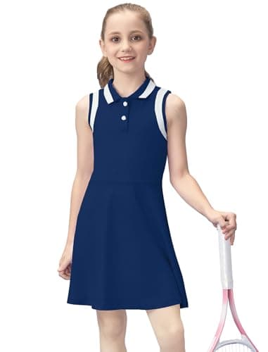 Gogokids Girls Tennis Dress Sleeveless Quick Dry Athletic Polo Dress for Golf Activewear Sports Outfit, Navy, 9-10 Years, 140 - Image 1