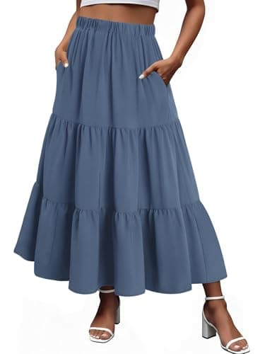 Magritta Long Maxi Skirt with Side Pockets High Waist Boho Maxi Skirt Floral Printed Long Flowy with Pockets Misty Blue Large - Image 1