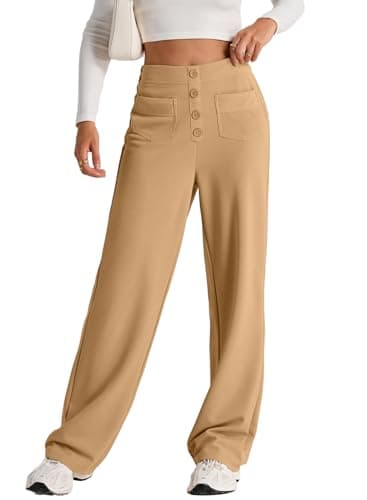 EVALESS Womens High Waist Button Stretchy Work Pants Straight Leg Formal Office Ladies Dress Pant Business Casual Trousers Knit Loose Travel Slacks Trendy 2025 Womens Pants with Pocket Khaki Medium - Image 1