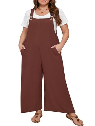 AusLook Plus Size Women's Adjustable Straps Jumpsuits Brown 2X Casual Loose Wide Leg Overalls with Pockets - Image 1