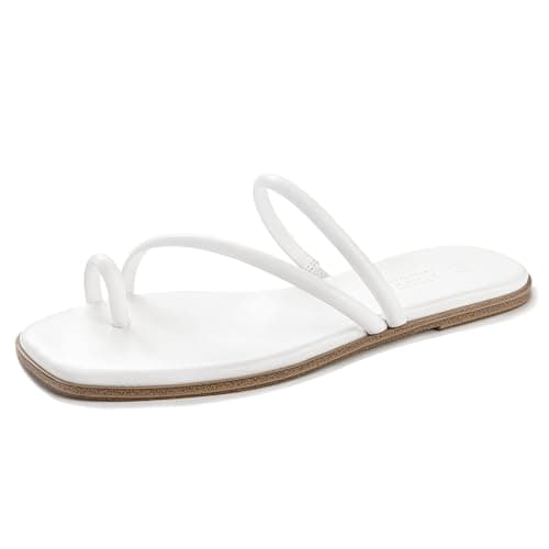 Rihero Womens White Slide Sandals Beach Square Toe Thong Flat Sandals Slip On Comfortable Dressy Summer Strappy Flip Flops Size 6.5 - Image 1