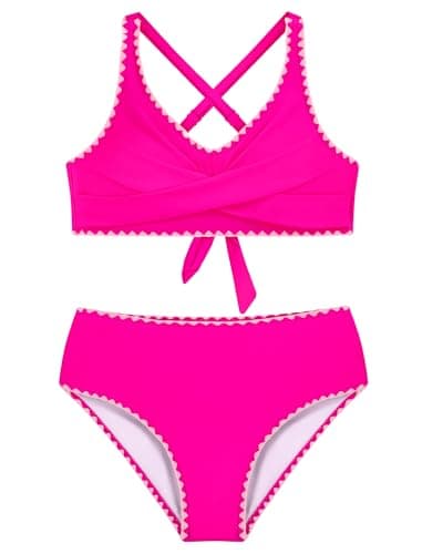 Tween Bathing Suits 2 Piece Girls Bikini Sets Kids Crisscross Swimsuit Summer Beach Swimwear Traje De BaĂąo para NiĂąas Hot Pink Size 9-10 - Image 1