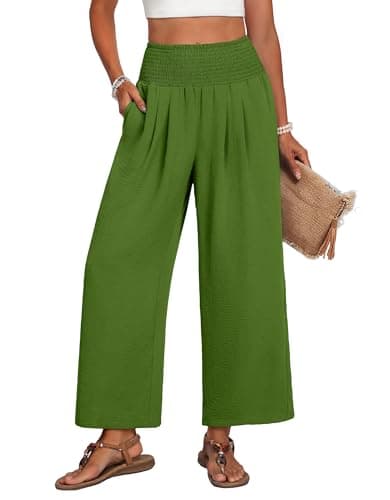 Lepunuo Women's Wide Leg Lounge Pants Lightweight High Waisted Adjustable Loose Trousers with Pockets Matcha Green Medium - Image 1