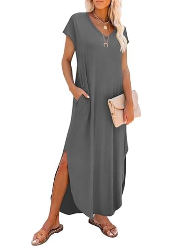 RUMIA Summer Casual Maxi Dresses for Women- Women's V Neck Cap Sleeve Long Sundress with Pockets Beach Vacation Grey - Image 1