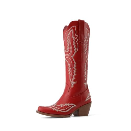 DREAM PAIRS Cowboy Boots for Women Knee High Cowgirl Boots Vintage Classic Country Style Western Retro Embroidered Side Zipper Comfort Tall Boots for Concert Party,Size 8,Red,DWUMKB2515 - Image 1