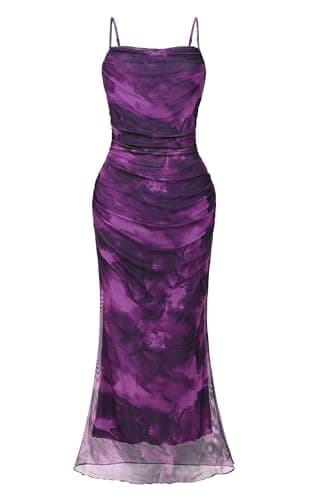 OutfitShow Womens 2026 Summer Floral Spaghetti Strap Bodycon Dresses Ruched Mesh Sexy Cocktail Party Long Dresses, Purple Floral XS - Image 1