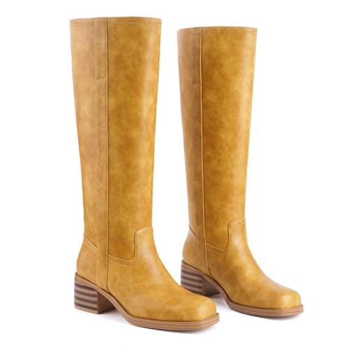 Migpuel Knee High Boots for Women Square Toe Riding Boots Chunky Block Heel Wide Calf Tall Boots Comfortable Low Heel Campus Casual 8.5,Banana Yellow - Image 1