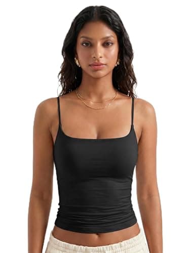 Women Sexy Square Neck Tank Top Summer Y2K Going Out Top Woman Casual Double Line Sleevess Basic Tanks Spaghetti Strap Camisole Shirts (Black,XL)