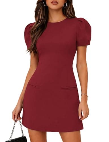 POTILI Women's Puff Sleeve Mini Dress, Crew Neck Bodycon Dress for Casual Party Cocktail Red - Image 1