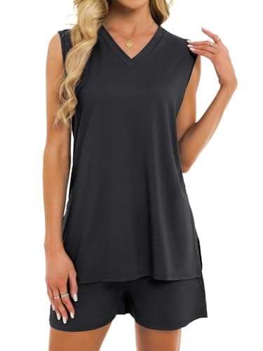 VUTRU Womens Short Set 2 Piece Summer Outfits Matching V Neck Tank Top and Shorts with Pockets Lounge Beach Vacation Dark Grey M - Image 1