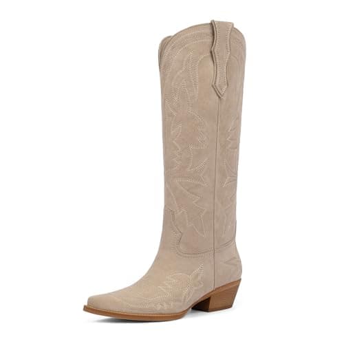 VIUGJNEX Cowgirl Boots Embroidered Tan Cowboy Boots for Women Pointed Toe Pull on Cow Boy Suede Boot for Women Knee High Wide Calf Chunky Low Heel Western Boot Size 8.5 - Image 1