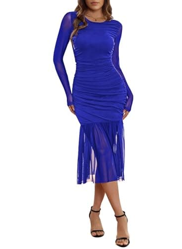 Pink Queen Women's 2026 Mesh Long Sleeve Midi Dress Stretch Sexy Bodycon Slip Long Dresses Party Cocktail Dark Blue M - Image 1