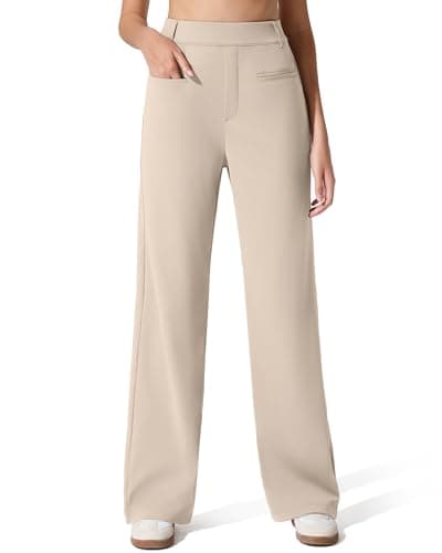 G4Free Women's Dress Pants with Pockets Straight Leg Yoga Work Stretchy Business Trousers Casual Slacks Belt Loops (M,Light Khaki,Petite)