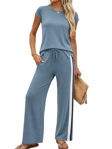 Casly Lamiit 2 Piece Pants Set for Women Travel Set Crew Neck Summer Lounge Sets Cap Sleeve Shirt and Pants Set Blue Grey XS - Image 1