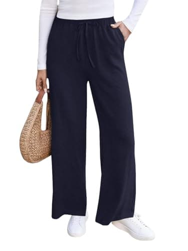 COCOMARTS Women Pants Wide Leg High Waist Palazzo Pants Casual Loose Flowy Lounge Pant Boho 2026 Vacation Outfits with Pocket Navy Blue Large - Image 1