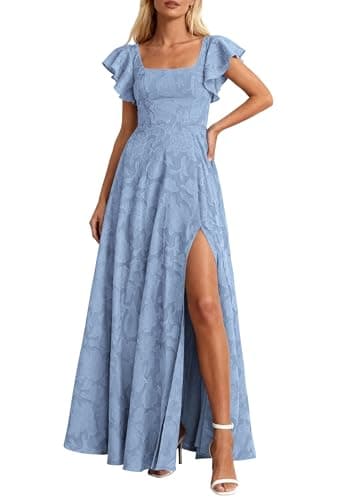 KIRUNDO Cocktail Dresses for Women Elegant Wedding Guest Summer Formal Maxi Lace Floral Slit Prom Party Bridesmaid Dress (Blue, Large) - Image 1