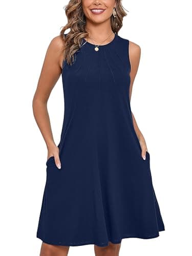 Heymoments Women Summer Dress Navy Blue Medium Sleeveless Crew Neck Casual Cute Loose Fitting Tank Sundress Comfy Swing Midi Flowy A-line Trendy Beach Vacation Teacher Dresses with Pockets - Image 1
