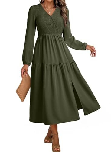 Dokotoo Casual Dresses for Women V Neck Long Sleeve Smocked Empire Waist Ruffle Tiered Swing Split Maxi Dress School Outfits for Teachers Green Medium - Image 1