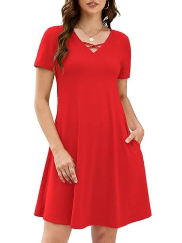 KORSIS Women's Midi Dresses Summer Casual T-Shirt Short Sleeve Criss Cross V Neck Swing Soft Loose Beach Party Vacation midi Soild Dress with Pockets (S-2XL) Red - Image 1