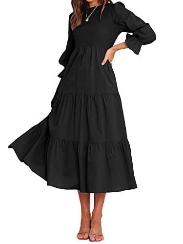 BTFBM Women Casual Long Sleeve Dress Fall Dresses 2025 Solid Color Relaxed Fit Smocked Tiered Flowy Boho Long Dresses(Solid Black,X-Large) - Image 1
