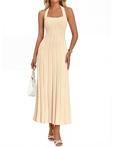 MEROKEETY Women's 2026 Spring Summer Sweater Dress Casual Halter Sleeveless Elegant Ribbed Knitted Bodycon Midi Dresses, Apricot, Small - Image 1