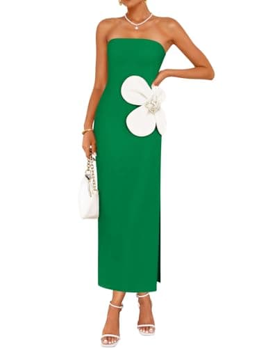 ZESICA Womens Summer Cocktail Strapless Maxi Dress 2026 Formal Bodycon Backless Floral Tube Wedding Guest Party Long Dresses,Green,X-Large - Image 1