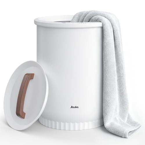 Asuka Towel Warmer for Bathroom - Large Towel Warmer Bucket with Wood Handle, Auto Shut Off, 4 Time Delay Settings, Fits Two 40"X70" Oversized Towels, Bathrobes, Blankets, PJ's and More, White - Image 1