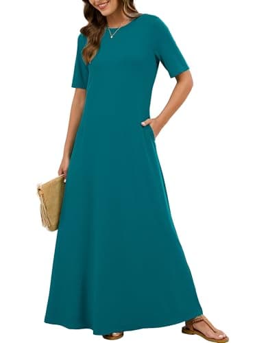 KORSIS Dresses for Women Short Sleeve Casual Summer Lake Blue S Long T-Shirt Maxi Dress Loose Beach Vacation Sundress with Pockets - Image 1
