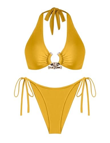 seamoly Womens Sexy Bikini Sets Shiny Two Piece Swimsuit High Cut Thong Bathing Suit Triangle Swimwear Golden Yellow M - Image 1