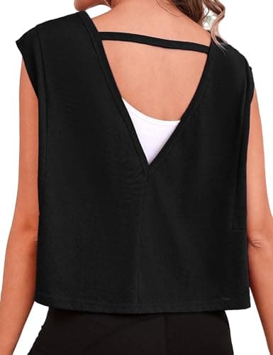 Quenteen Women Cropped Open Back Sleeveless Tank Tops Casual Yoga Y2k Athletic Gym Loose Fit Shirts Black M - Image 1