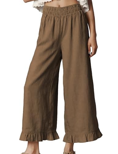 Jianzhixiao Women's Wide Leg Pants High Waist Ruffle Hem Casual Loose Cropped Trousers Solid Color Lightweight Daily Lounge(Lightbrown-M) - Image 1