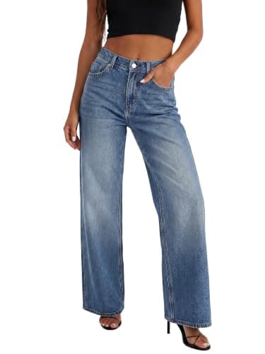 HDLTE Women's High Waist Baggy Boyfriend Jeans - Wide Leg Loose Denim Pants with Pockets(Light Blue,X-Small) - Image 1