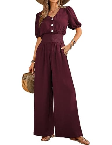 LOOKBOHO Womens Jumpsuits Dressy Puff Smocked High Waist Short Sleeves Wide Leg Rompers V Neck One Piece Outfits Red M - Image 1