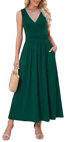 WEACZZY Maxi Wrap Dress for Women Empire Pleated Waist Sleeveless Dress Cocktail Party Prom Long Dresses,Dark Green,Small - Image 1